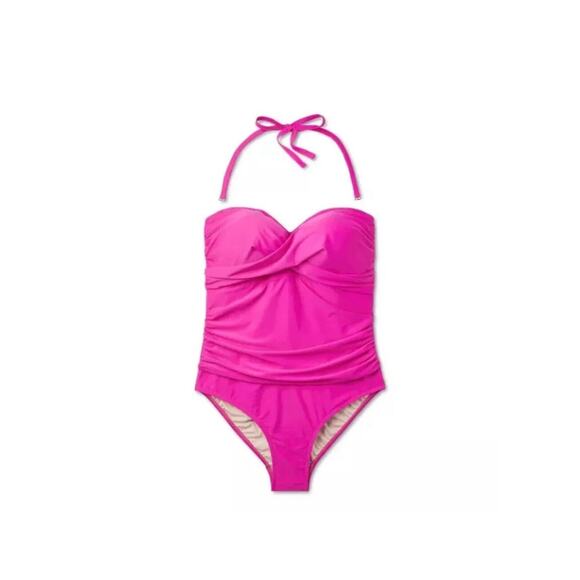 Kona Sol Hot Pink Full Coverage Tummy Control Twist-Front 1 Piece Swimsuit 22 - Picture 3 of 5